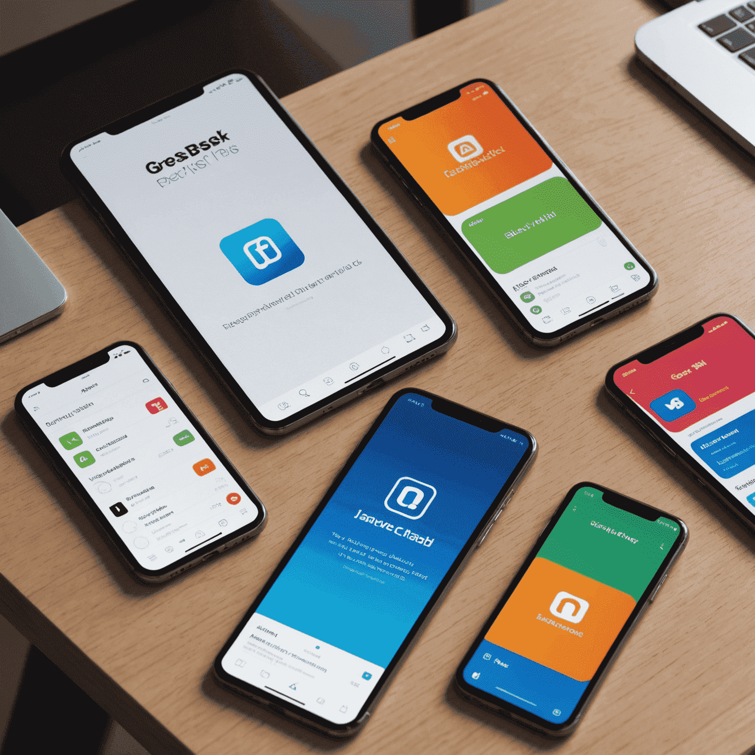 صورة لشاشات متعددة تعرض تطبيقات مختلفة على أجهزة iOS وAndroid، مع شعار شركتنا في الخلفية